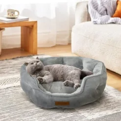 Anyask Round Pet Bed for Dogs & Cats Up to 15 lbs, Grey 20"x19"x6"